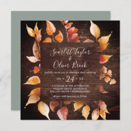 Herbstlaub | Rustic Brown Wood Square Wedding Einladung