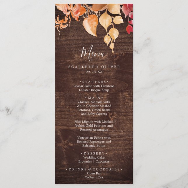 Herbstlaub | Rustic Brown Wood Wedding Menu Menükarte (Vorderseite)