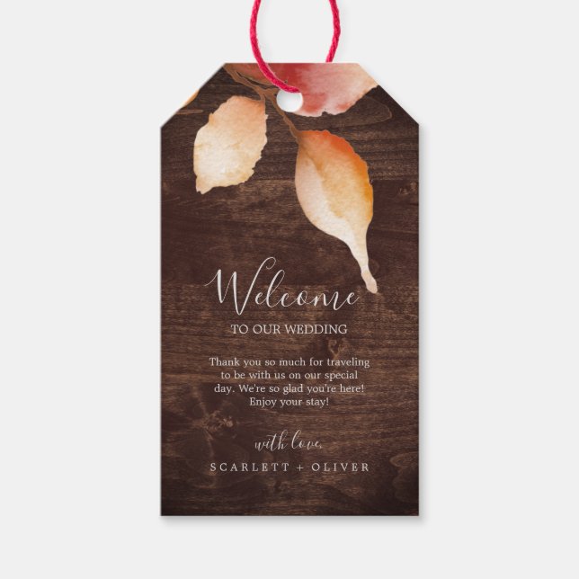 Herbstlaub | Rustic Brown Wood Wedding Willkommen Geschenkanhänger (Vorderseite)