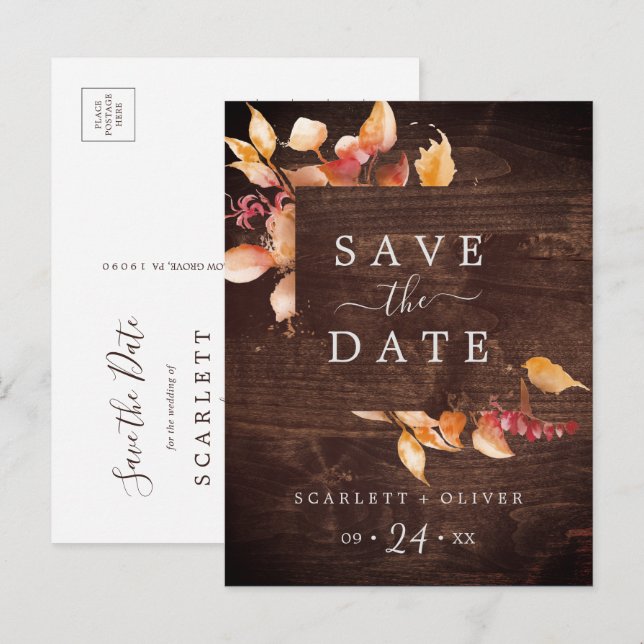 Herbstlaub | Rustikales Holz Save the Date Postkar Einladungspostkarte (Vorne/Hinten)
