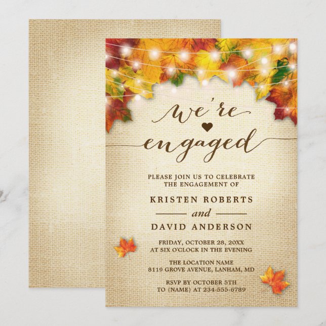 Herbstlaub String Lights Burlap Engagement Party Einladung (Vorne/Hinten)