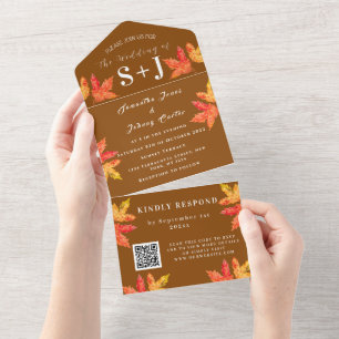 Herbstlaub Terrakotta QR-Code Hochzeit RSVP All In One Einladung