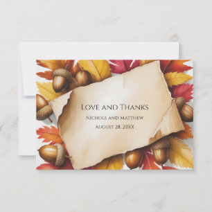Herbstlaub und Eicheln Rustikale Hochzeit Dankeskarte