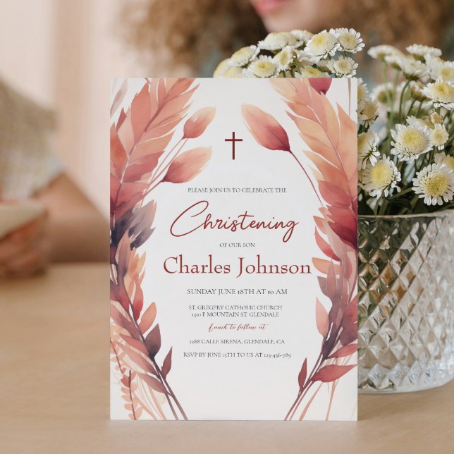 Herbstlaub und Feathers Son Christening Einladung (Von Creator hochgeladen)