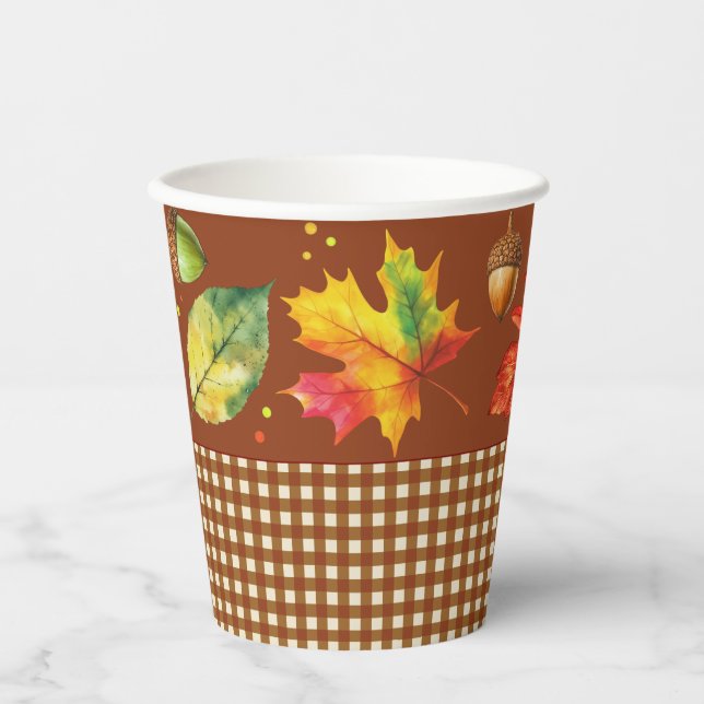 Herbstlaub und Gingham Pappbecher (Vorderseite)