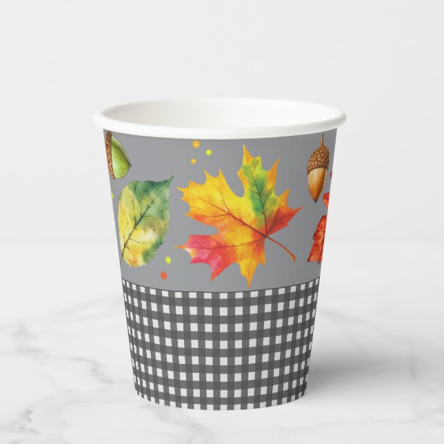 Herbstlaub und Gingham Pappbecher (Vorderseite)
