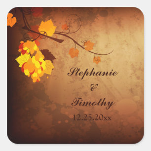 Herbstlaub vintage gestresste Hochzeitsaufkleber Quadratischer Aufkleber