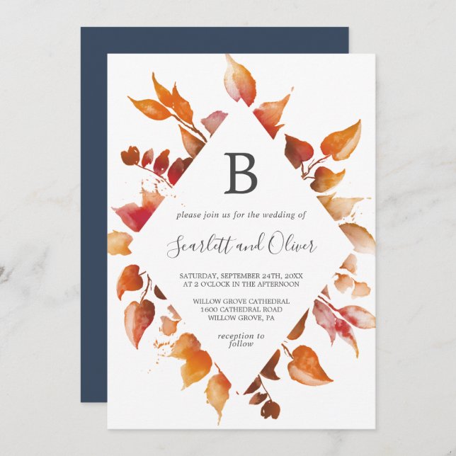 Herbstlaub | White & Burgundy Diamond Wedding Einladung (Vorne/Hinten)