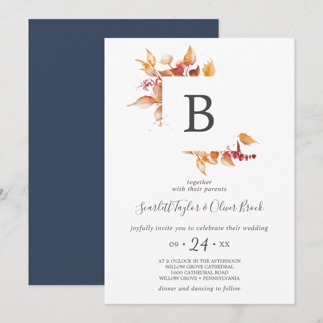 Herbstlaub | White & Burgundy Monogram Wedding Einladung (Vorne/Hinten)