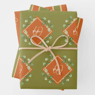 Herbstlaube Orange und Green Mit Monogramm Geschenkpapier Set