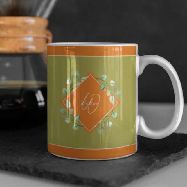 Herbstlaube Orange und Green Mit Monogramm Kaffeetasse (Von Creator hochgeladen)
