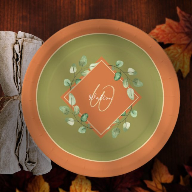 Herbstlaube Orange und Green Mit Monogramm Pappteller (Von Creator hochgeladen)