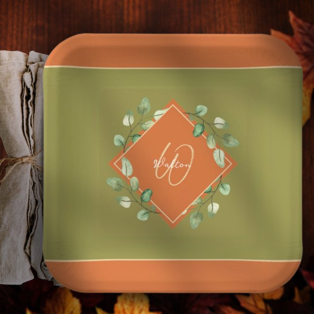 Herbstlaube Orange und Green Mit Monogramm Pappteller (Von Creator hochgeladen)