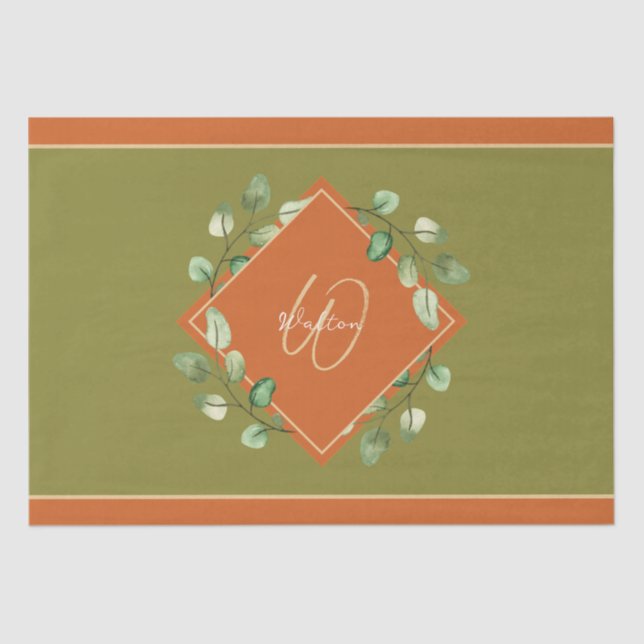 Herbstlaube Orange und Green Mit Monogramm Seidenpapier (Vorderseite)