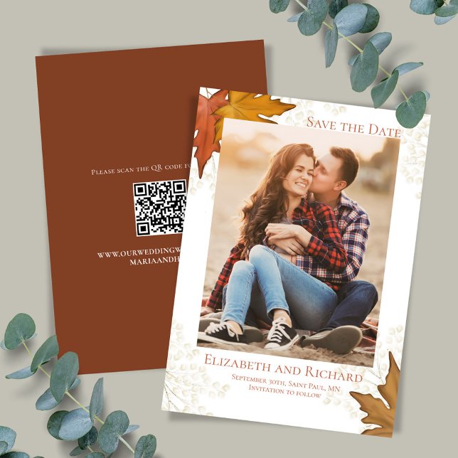 Herbstlaubs Foto Hochzeit Speichern Sie das Datum Save The Date (Watercolor fall leaves elegant save the date photo cards.)