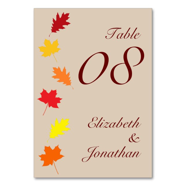 Herbstlaubs Hochzeit Tischnummer (Vorderseite)