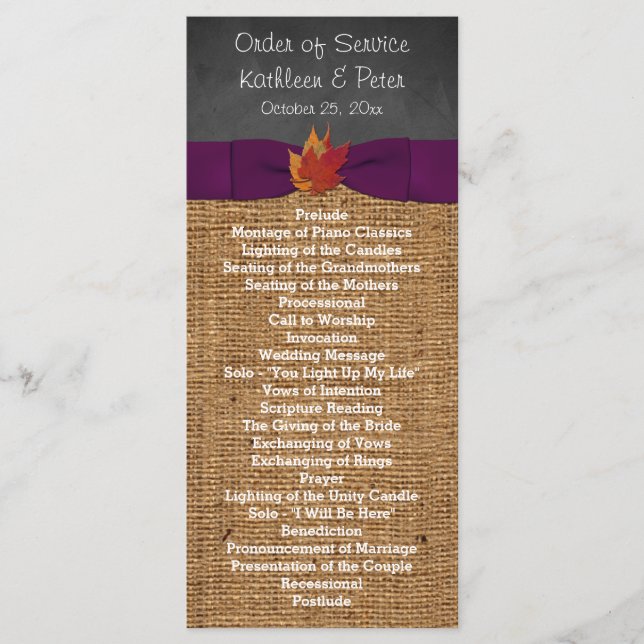 Herbstlaubs IMITATE Burlap Chalkboard Hochzeitspro Programm (Vorderseite)