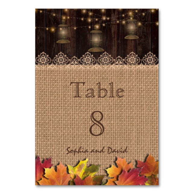 Herbstlaubs Lace Burlap Wood Wedding Tischnummer (Vorderseite)