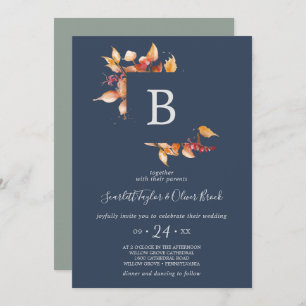 Herbstlaubs Navy Blue & Burgundy Monogram Wedding Einladung