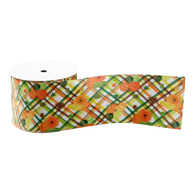 Herbstlaubs Pumpkin Kariert Pattern Ripsband (Spule)