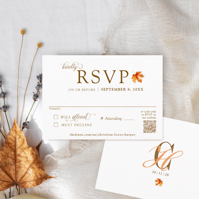 Herbstleaf Rustikale Herbsthochzeit QR Code UAWG Begleitkarte (Watercolor Fall maple leaf Simple modern elegant formal QR code monogram Autumn wedding RSVP card)