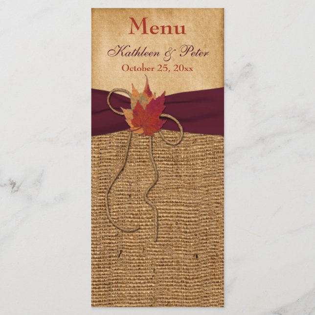 Herbstleaves IMITATE Burlap Wedding Menu Card - We Menükarte (Vorderseite)