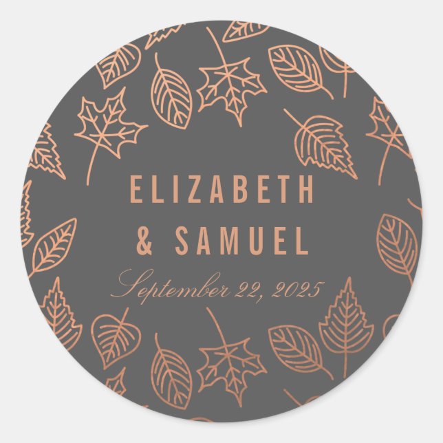 Herbstleaves Kupfer Grau Round Wedding Sticker (Vorderseite)