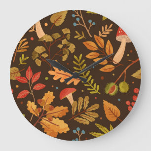 Herbstleaves Mushrooms Vintages Muster Große Wanduhr