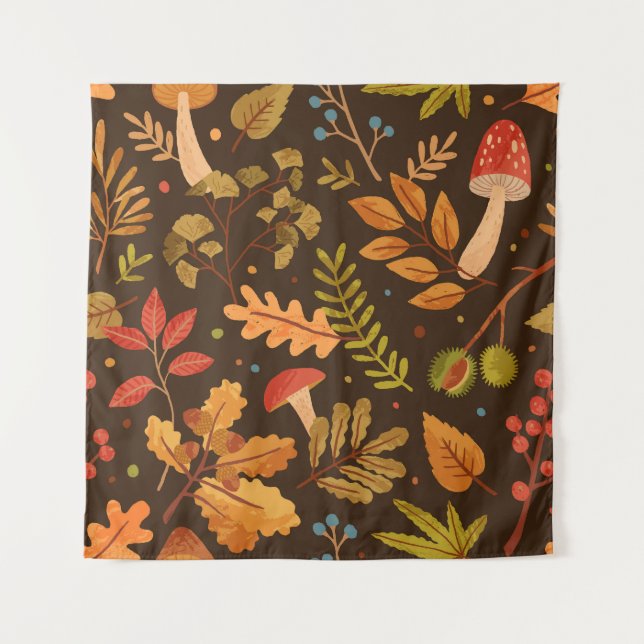 Herbstleaves Mushrooms Vintages Muster Wandteppich (Vorderseite)