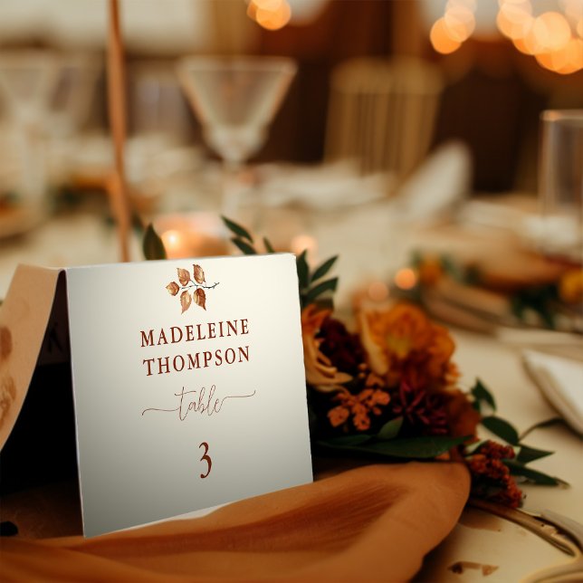 Herbstleaves Terracotta Chic Hochzeitsfeier Platzk Tischnummer (autumn fall wedding guest name table number card leaves foliage botanical terracotta elegant chic )