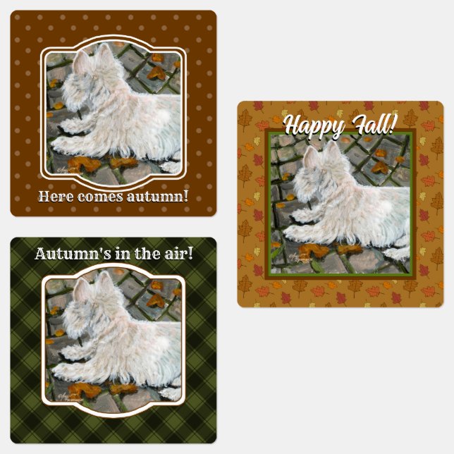 Herbstleaves Westie auf Patio Etiketten (Gruppe)