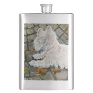 Herbstleaves Westie auf Patio Flachmann