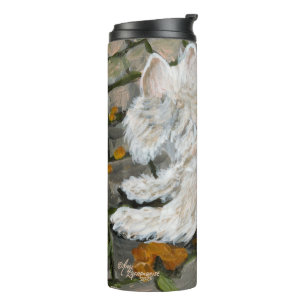 Herbstleaves Westie auf Patio Thermosbecher