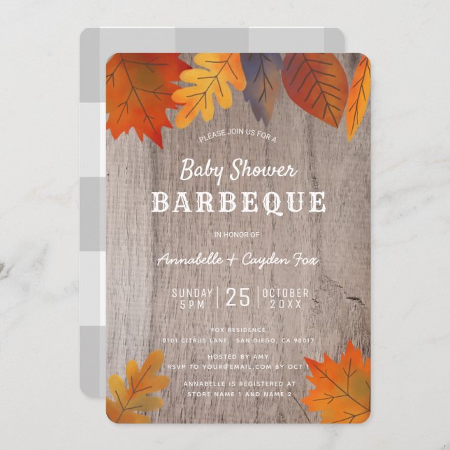 Herbstleaves & Wood Paares GRILLEN Kinderdusche Einladung (Vorne/Hinten)
