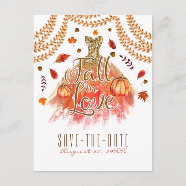 Herbstleeves Save the Date fallen bei Liebe Dress  Ankündigungspostkarte (Vorderseite)