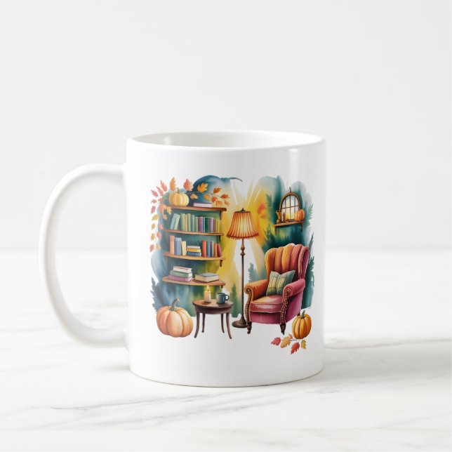 Herbstlesesessel-Tasse — Gemütliche Lampe & Buch-E Kaffeetasse (Links)