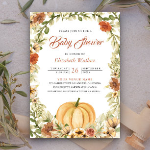 Herbstlich Erdige Florale Kürbis Baby Shower Einladung