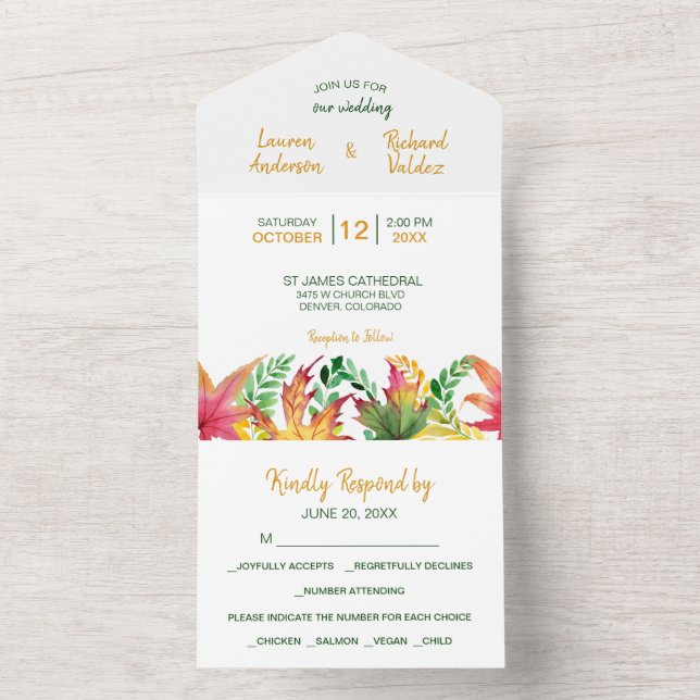 Herbstliche Akacia-Blätter Fotovorlage Hochzeit All In One Einladung (Innen Boden)