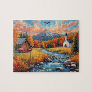 Herbstliche Bergkirche roter Lastwagen Puzzle