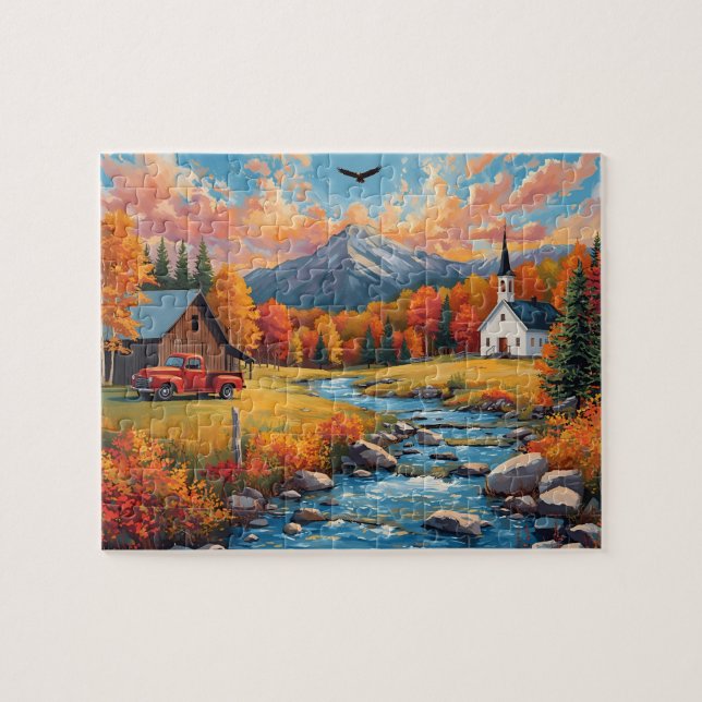 Herbstliche Bergkirche roter Lastwagen Puzzle (Horizontal)