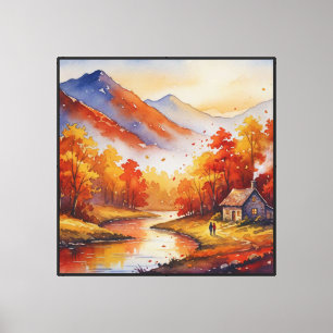 Herbstliche Berglandschaft Aquarell-Kunst Leinwanddruck