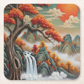 Herbstliche Berglandschaft mit Wasserfall Rechteckiger Pappuntersetzer