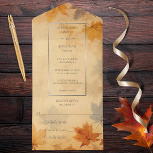 Herbstliche Blätter auf rustikalem Hintergrund All In One Einladung