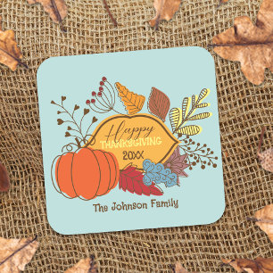 Herbstliche Blätter Beeren Kürbis Thanksgiving Quadratischer Aufkleber