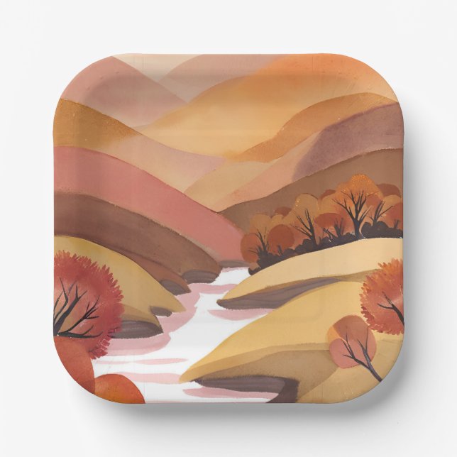 Herbstliche Bleibe | Wasserfarbenlandschaft des He Pappteller (Vorderseite)