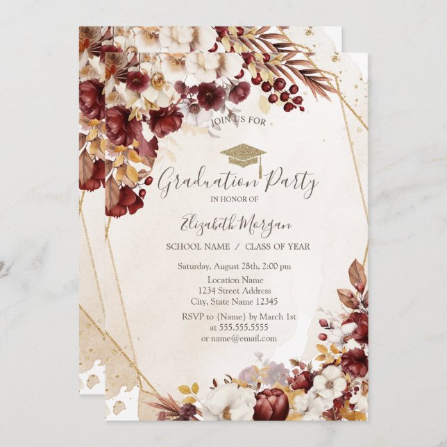 Herbstliche Blume, Grad Cap, Abschluss Einladung (Vorne/Hinten)