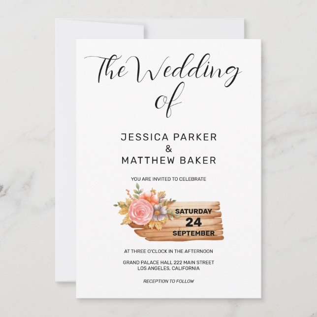 Herbstliche Blume und Holzhochzeiten Einladung (Vorderseite)