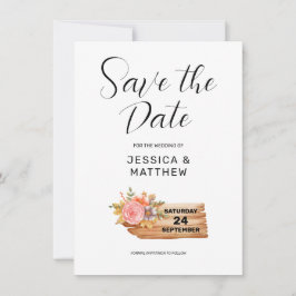Herbstliche Blume und Holzsignatur Save The Date