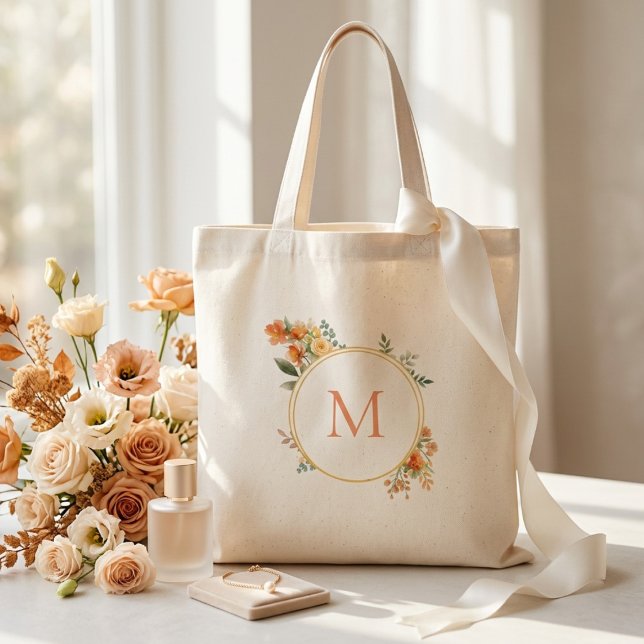 Herbstliche Blumen Brautjungfer Monogramm Tragetasche (Von Creator hochgeladen)