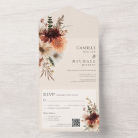 Herbstliche Blumen Hochzeitseinladung mit QR-Code